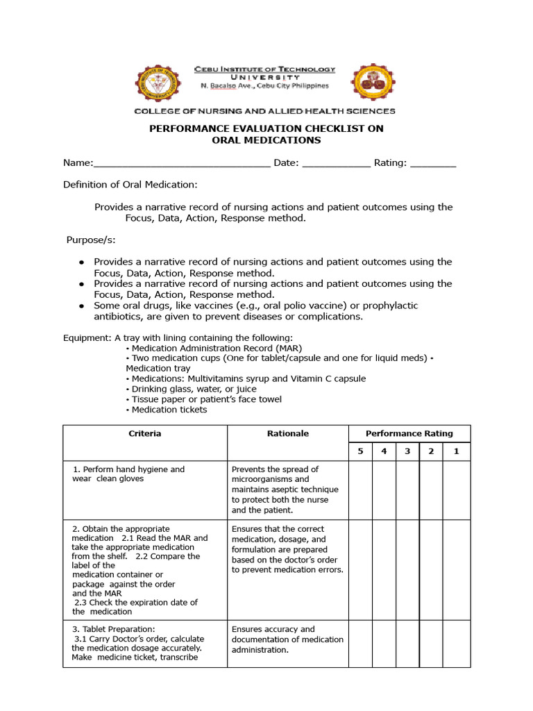 Oral Medication Administration Checklist | PDF | Tablet (Pharmacy ...