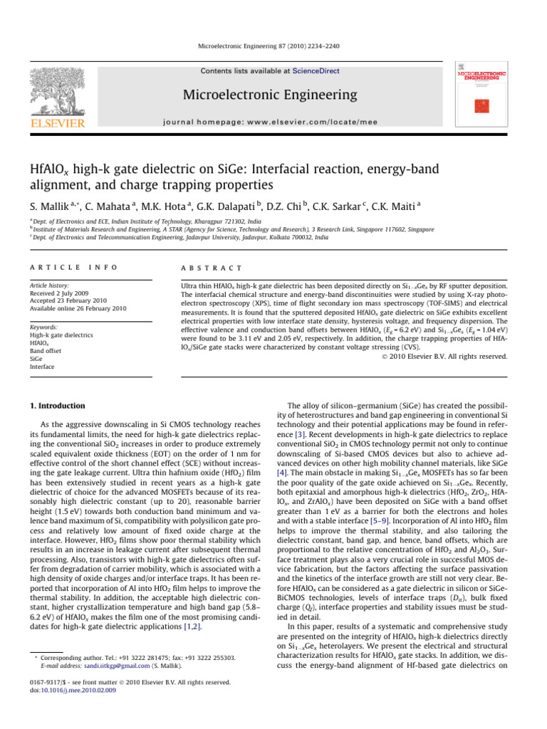 HfAlOx High-K Gate Dielectric On SiGe | PDF | X Ray Photoelectron ...