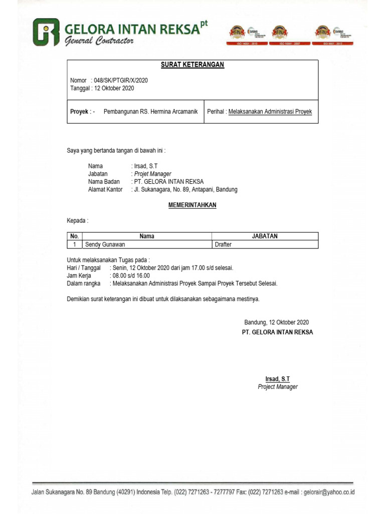 Surat Tugas Administrasi Proyek RS Hermina | PDF