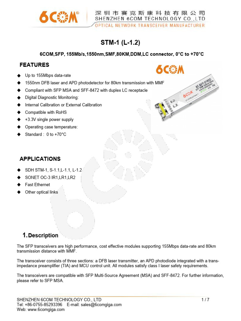 SFP STM-1 Transceiver Specifications | PDF | Information And ...