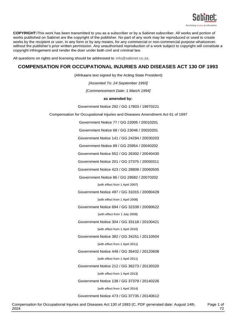 Compensation For Occupational Injuries and Diseases Act 130 of 1993 ...