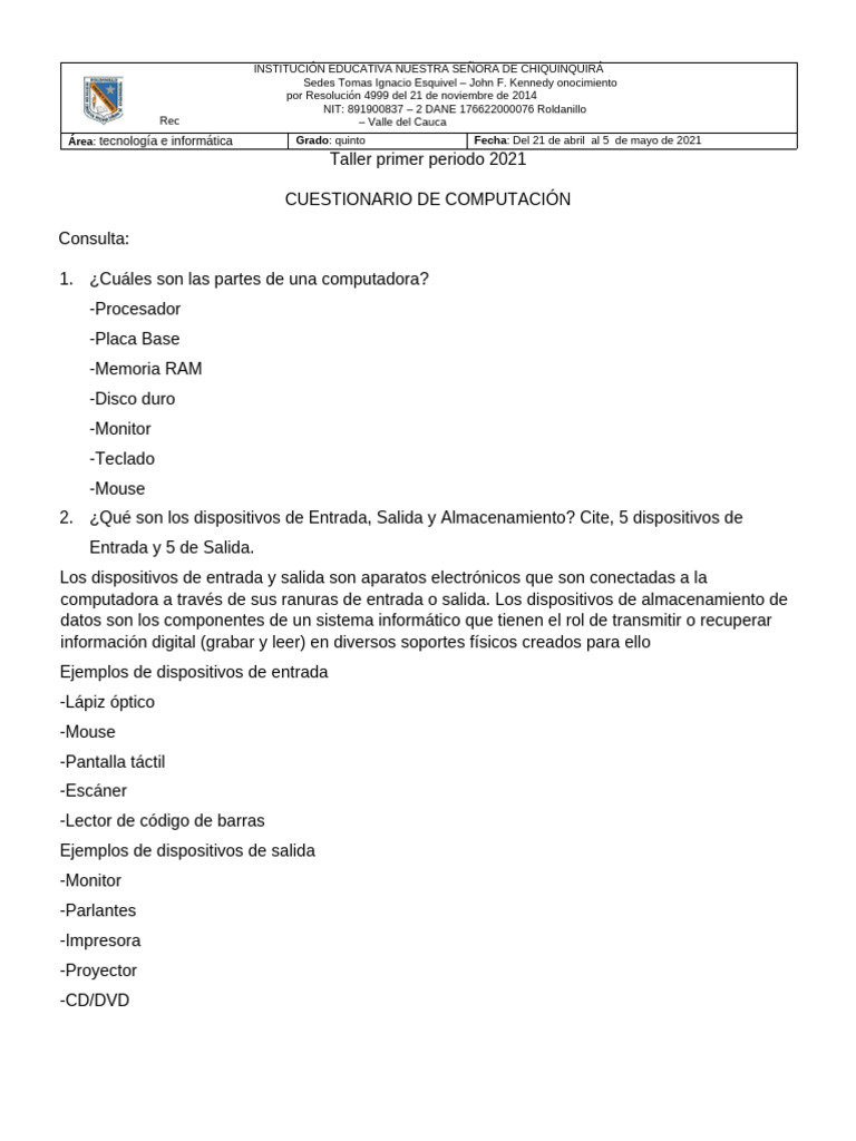 Taller Tecnología e Informatica 5° 2021 | PDF | Hardware de la ...