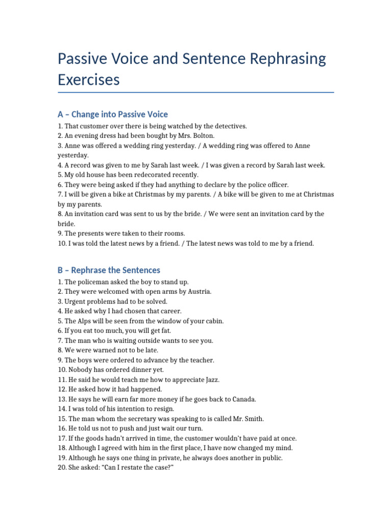 Passive Voice and Rephrasing Exercises | PDF