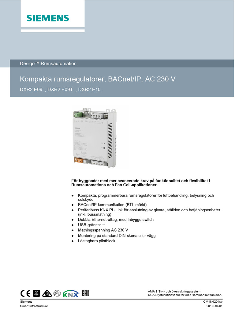 A6V10752511 - Kompakta Rumsregulatorer BACnet - IP DXR2.E..230 V - SV | PDF