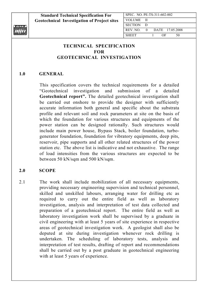 Geotechnical Investigation Specification | PDF