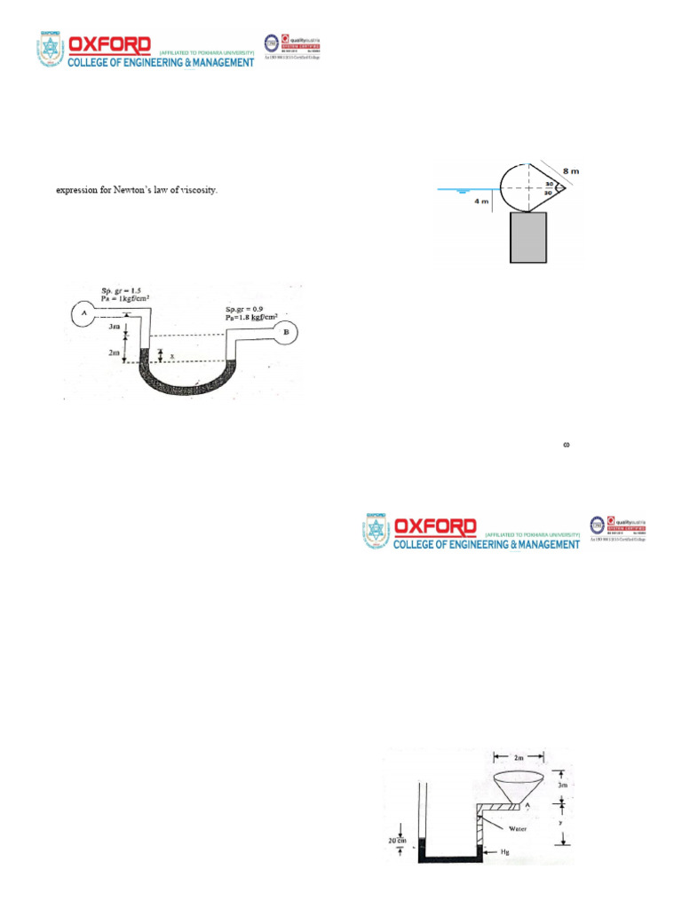Fluid Mechanics Exam Questions 2024 | PDF | Pressure | Pressure Measurement