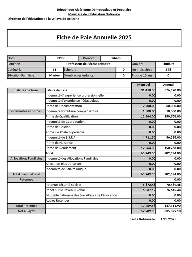 Salaire Enseignant Primaire Algérie 2025 | PDF