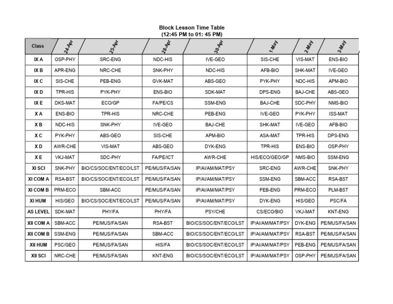 Block Lesson Time Table | PDF