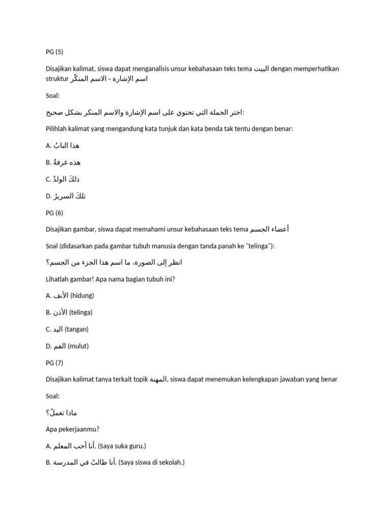 Soal Bahasa Arab Kelas 9 dan 8 | PDF