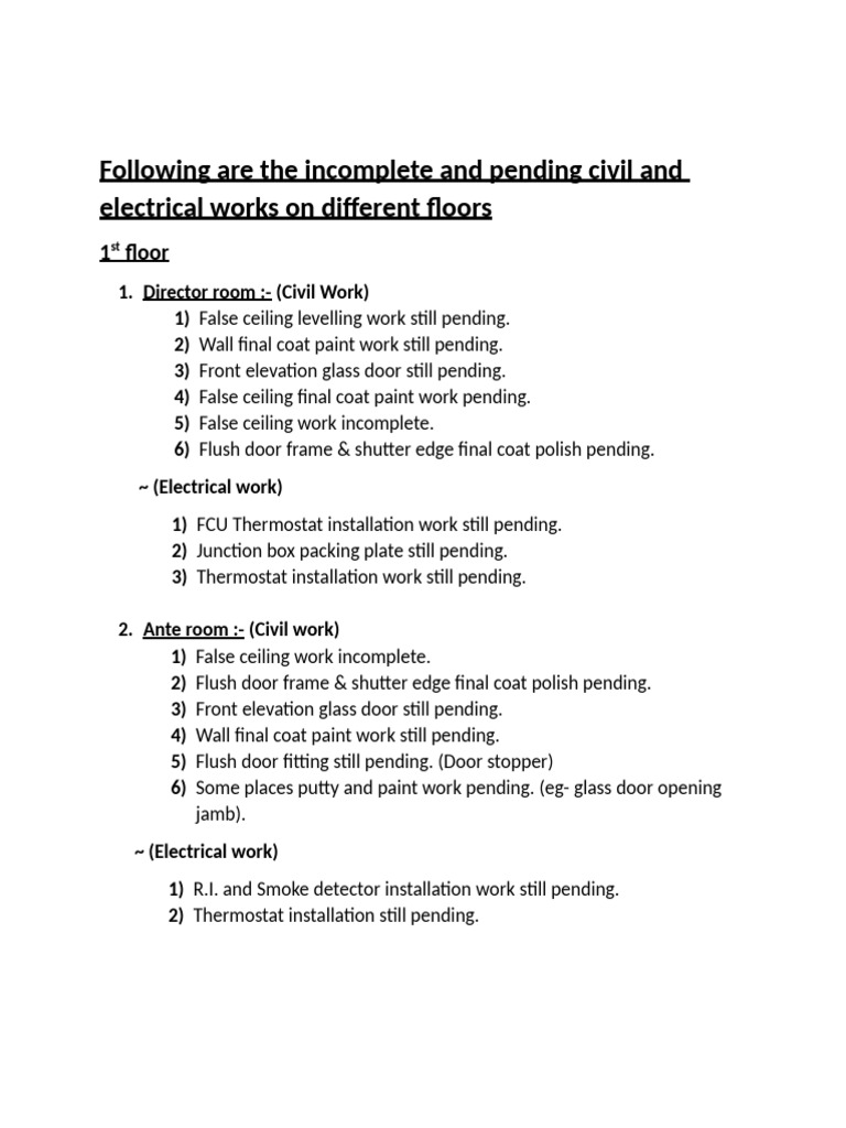 Pending Civil and Electrical Works List | PDF | Door | Bathroom