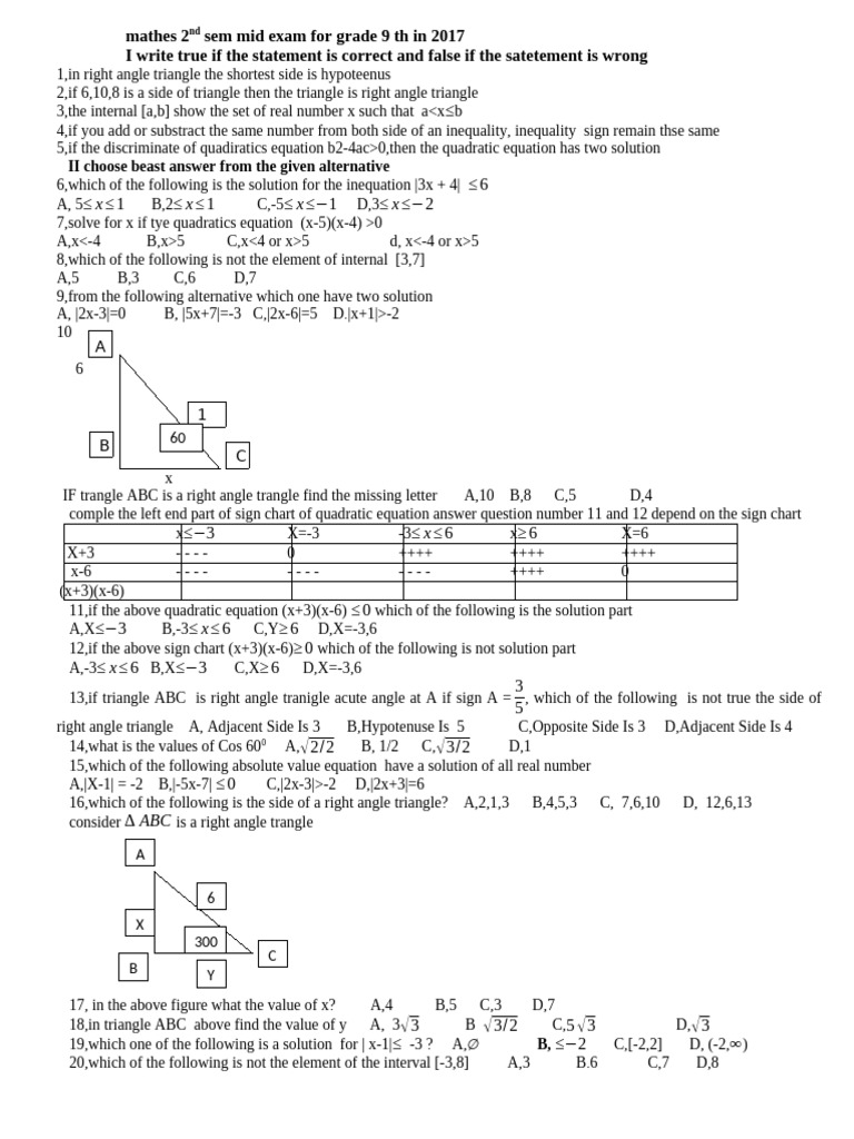 Mathes 2nd Sem Mid Exam For Grade 9 TH in 2017 | PDF | Mathematical ...