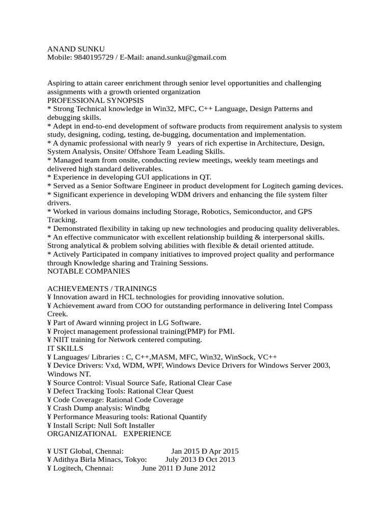 Senior Software Engineer Profile | PDF | Device Driver | Operating System
