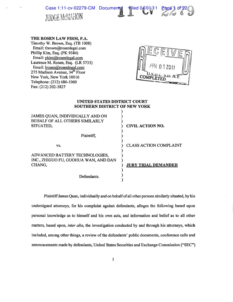 Initial Complaint Filed 4/4/2011 by Rosen Law Firm | PDF | Complaint ...