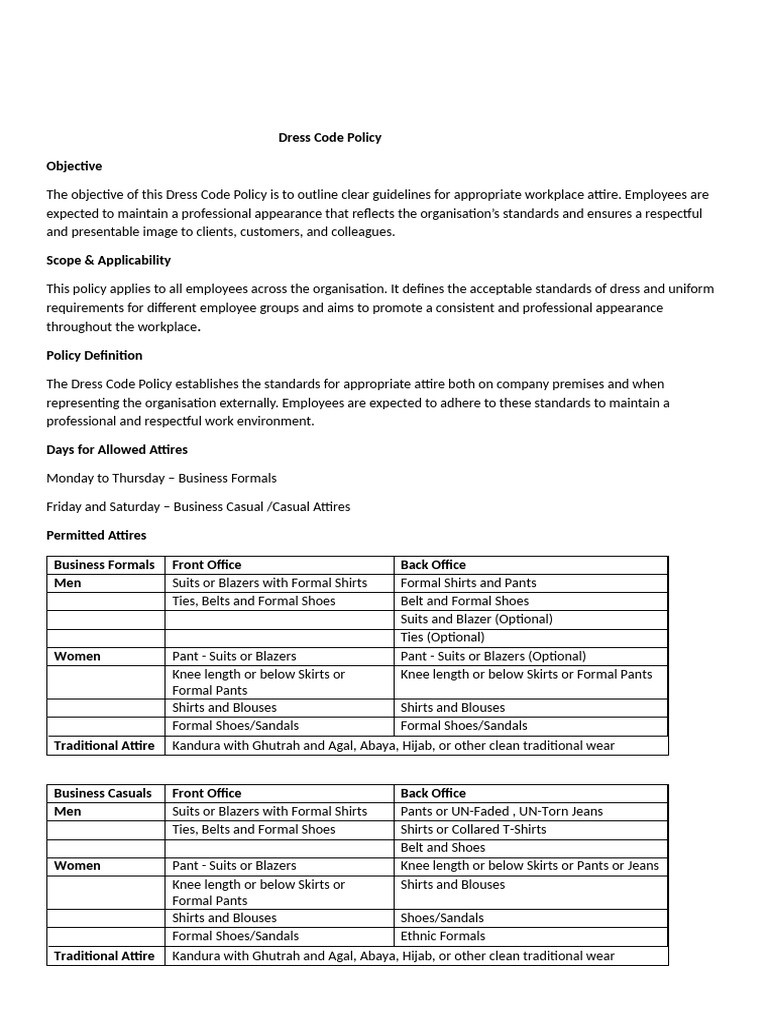 Workplace Dress Code Guidelines | PDF | Clothing | Trousers