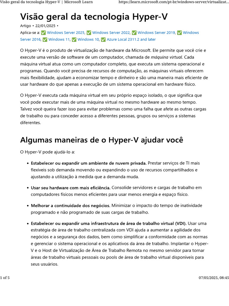 Visão Geral do Hyper-V para Windows | PDF | Hyper V | Virtualização