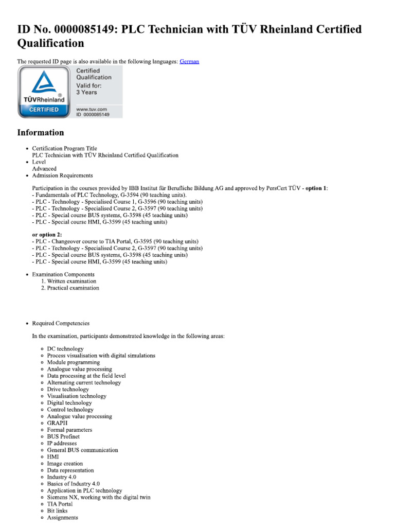 TUV PLC Certification | PDF