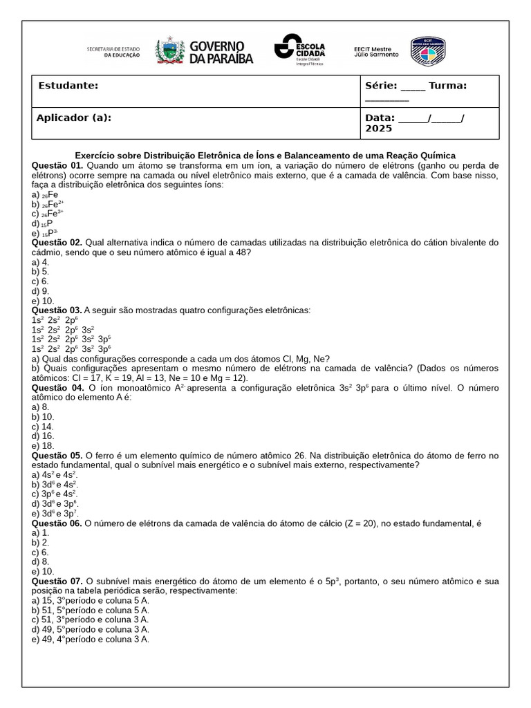 Exercícios de Distribuição Eletrônica e Balanceamento | PDF ...