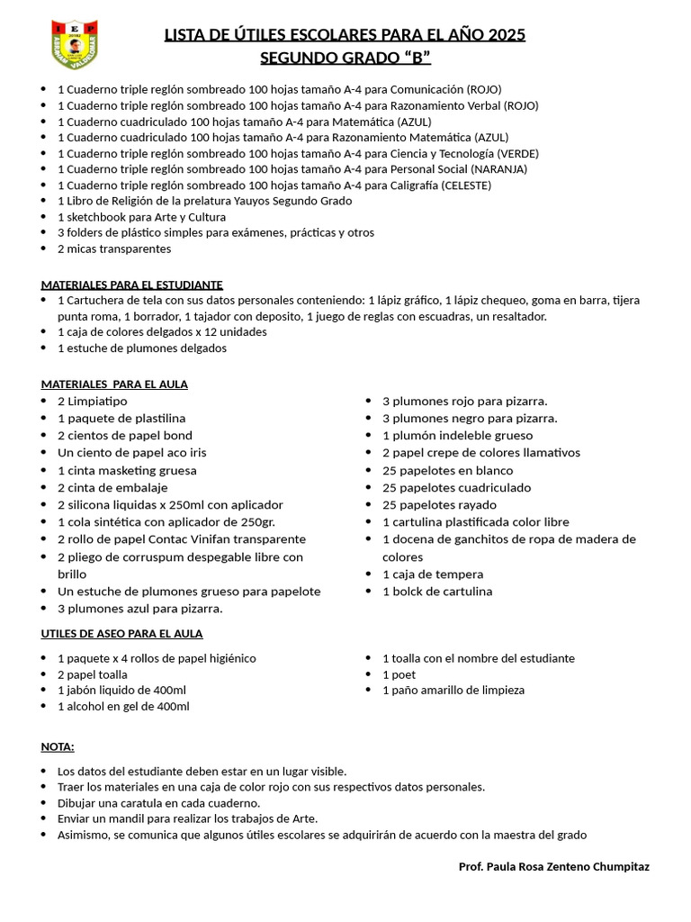 Útiles Escolares Segundo Grado 2025 | PDF | Color