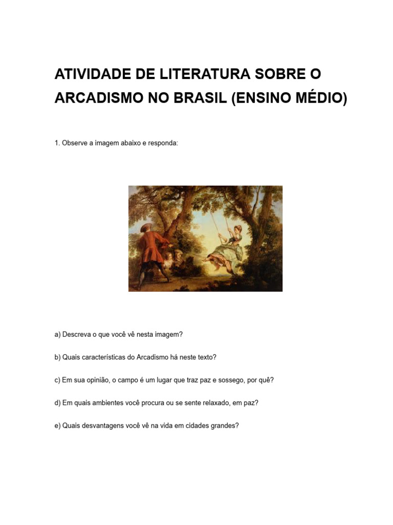 Atividade sobre Arcadismo no Brasil | PDF