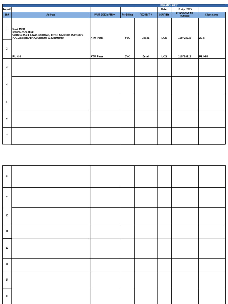 Dispatch Sheet for ATM Parts Delivery | PDF