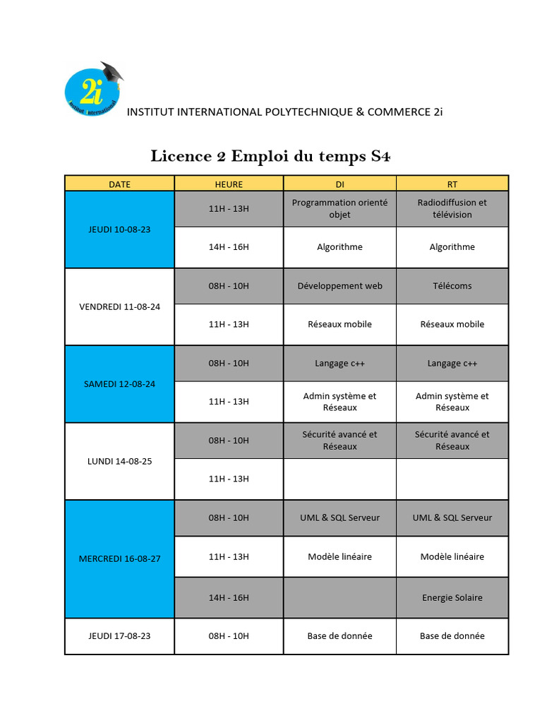 Emploi du temps Licence 2 S4 2i | PDF
