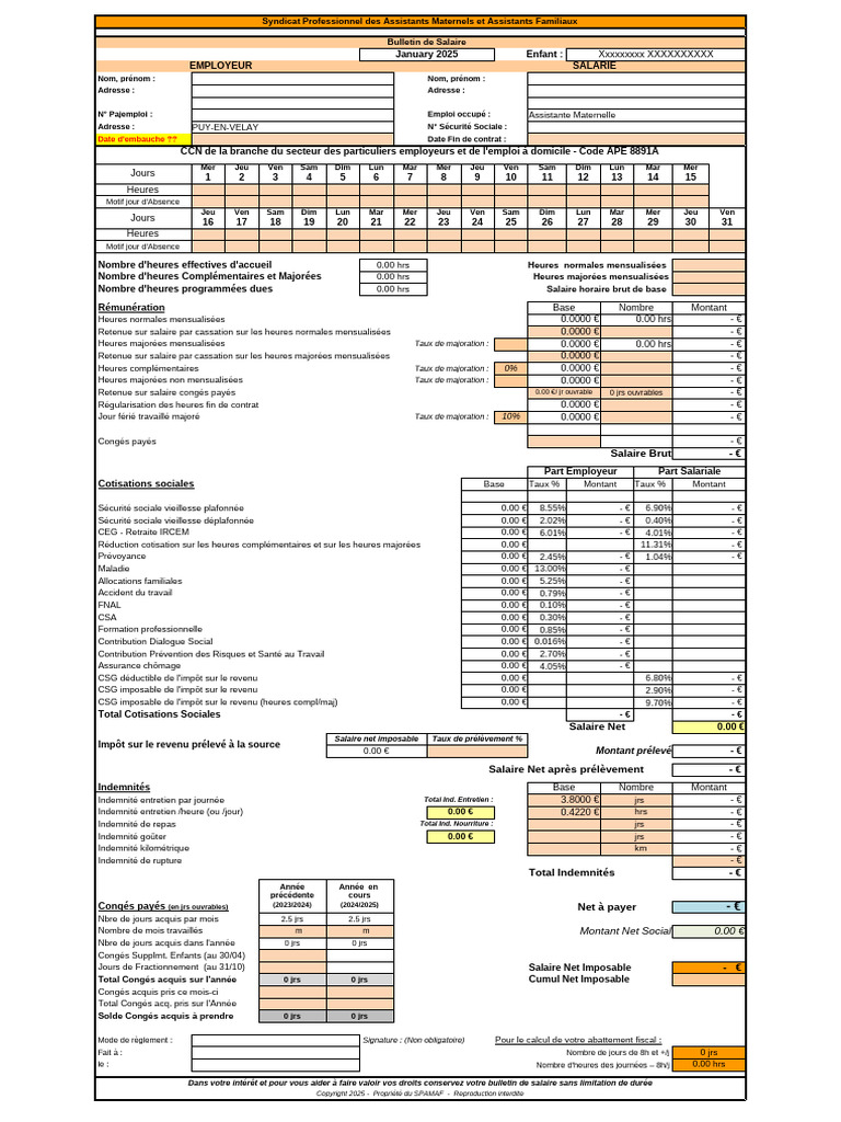 Bulletin de Salaire Assistante Maternelle 2025 | PDF | Impôt sur le ...