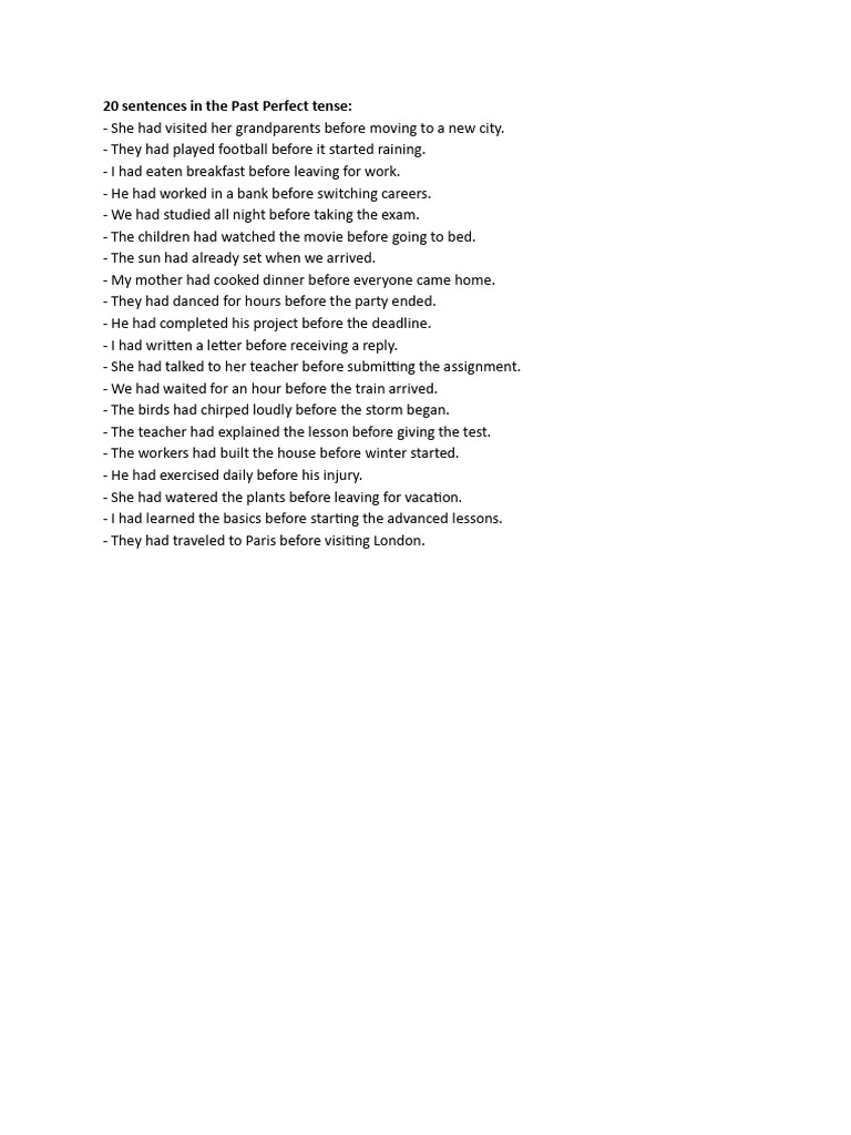 20 Sentences in The Past Perfect Tense | PDF