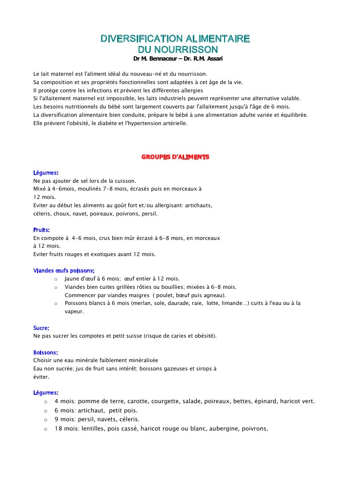 Diversification Aliment A Ire Pdf Legumes Allaitement