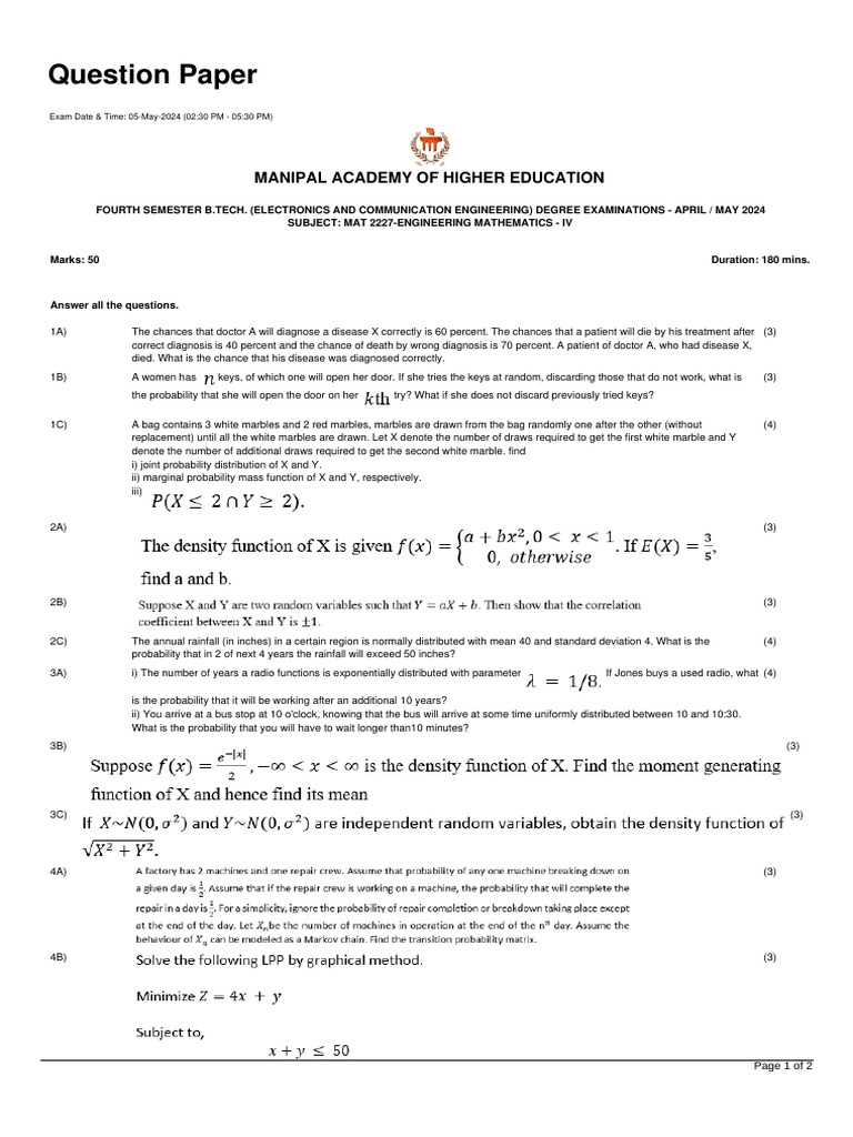 MAT 2227 Engineering Mathematics IV Exam | PDF | Probability ...