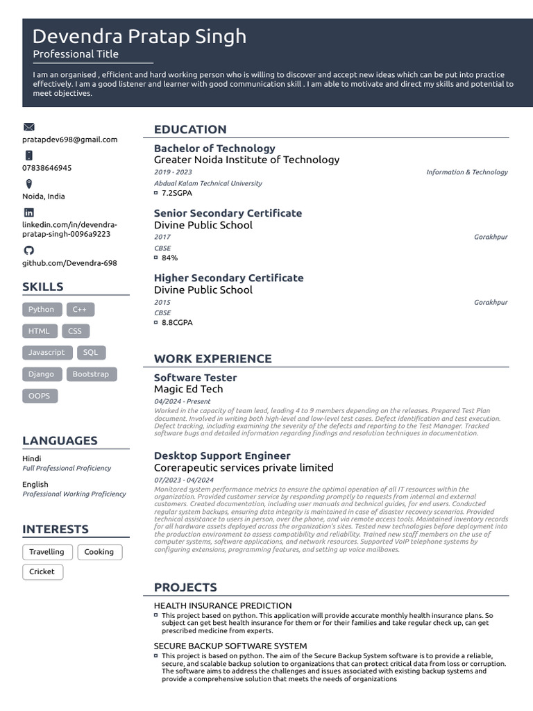 Devendra Pratap Singh: Software Tester Profile | PDF | Software | Backup