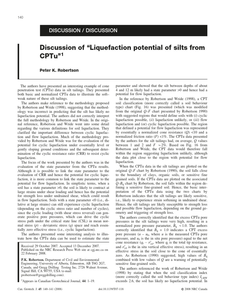 Robertson 2008 Discussion of Liquefaction Potential of Silts From Cptu ...