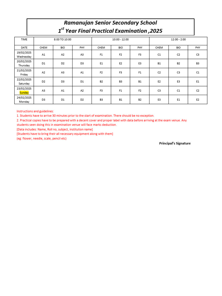 1st Year Practical Exam Schedule 2025 | PDF