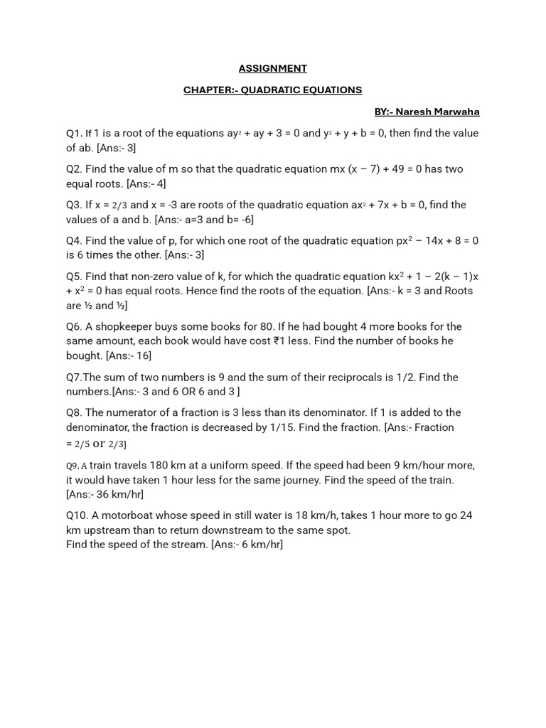 Quadratic Equations Assignment Solutions | PDF