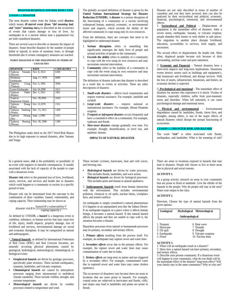 DISASTER READINESS AND RISK REDUCTION Handout Week 1 | PDF | Natural ...