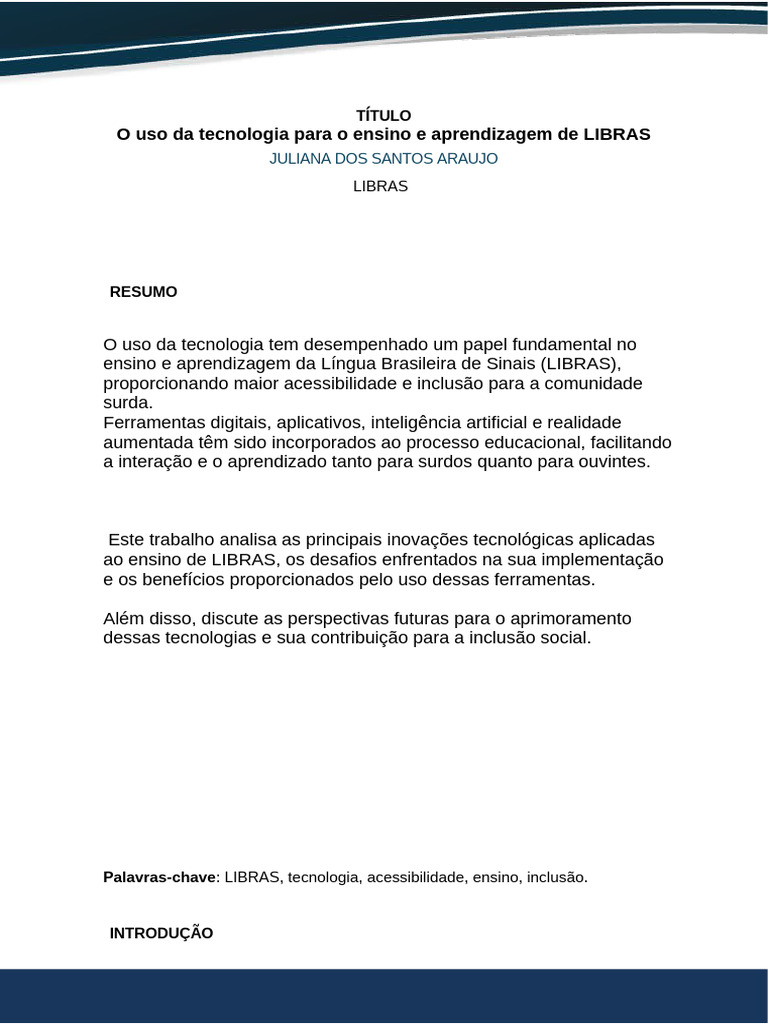 Tecnologia no Ensino de LIBRAS | PDF | Aprendizado | Realidade aumentada