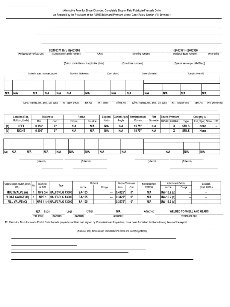 Horizontal Pressure Vessel Data Report | PDF | Valve | Boiler
