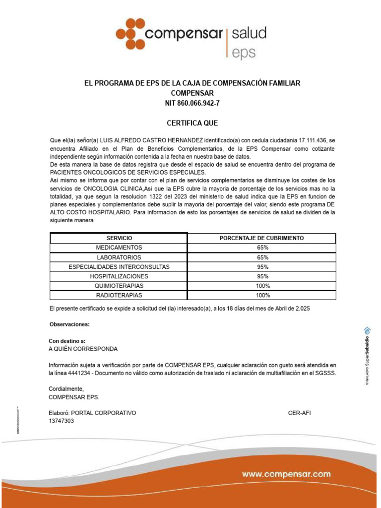 Certificado Plan Complementario Compensar | PDF