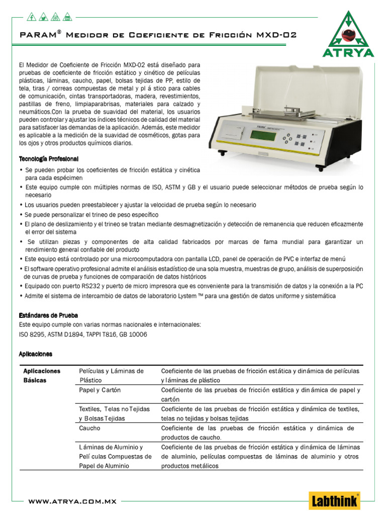 Medidor de Fricción MXD-02: Especificaciones y Usos | PDF