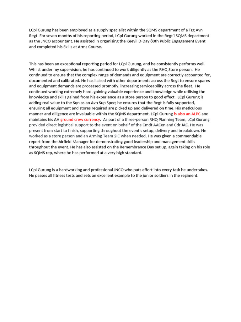 LCpl Gurung: Exceptional Supply Specialist | PDF