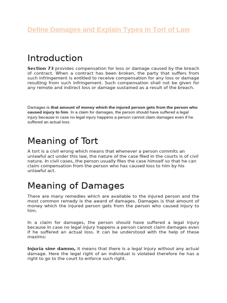 Types and Definition of Damages in Tort | PDF | Damages | Tort