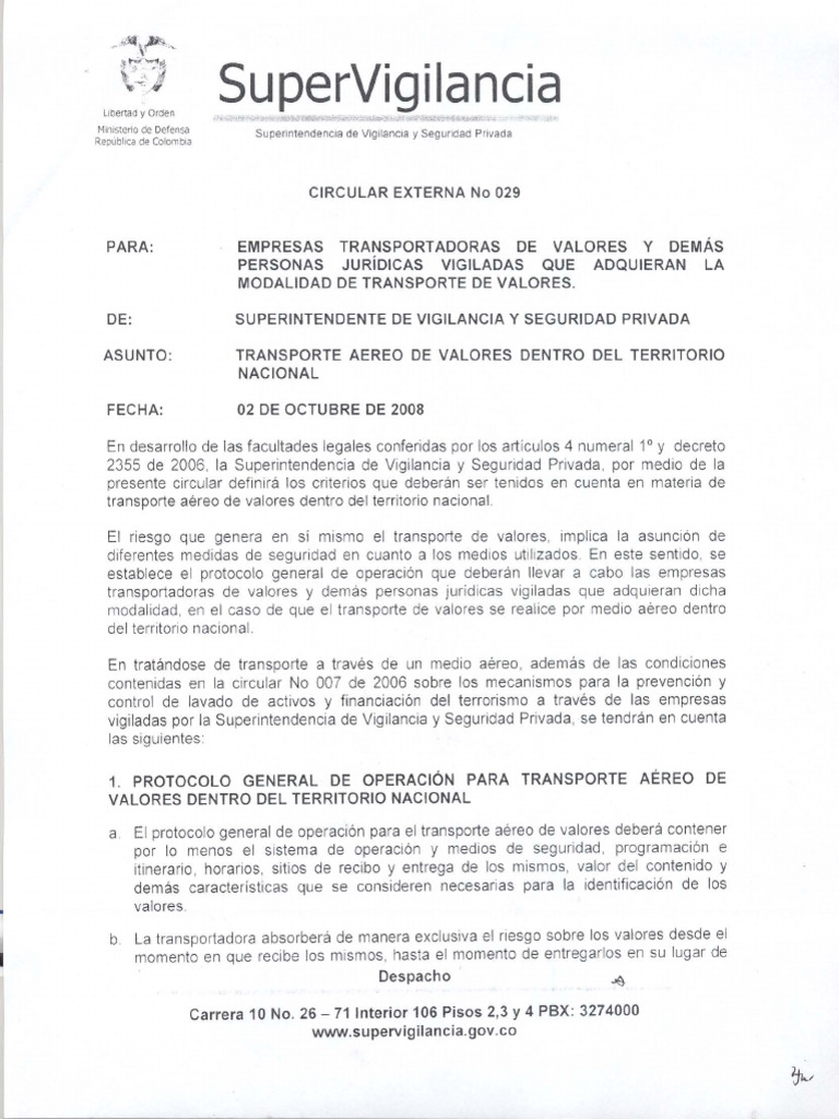 Circular Externa No 029 de 02-10-08 Transporte Aereo de Valores | PDF