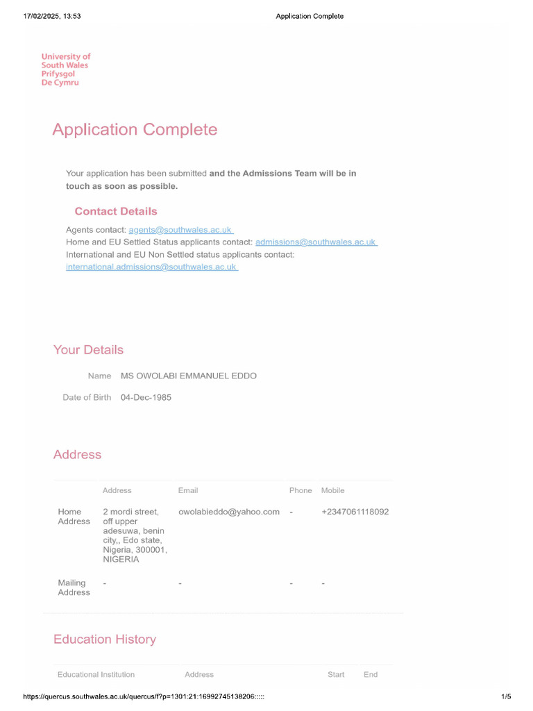 University of South Wales Application | PDF