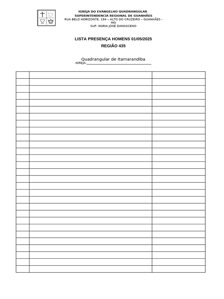 Lista de Presença - Homens 01/05/2025 | PDF