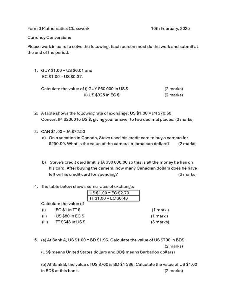Form 3 Mathematics Currency Conversions | PDF