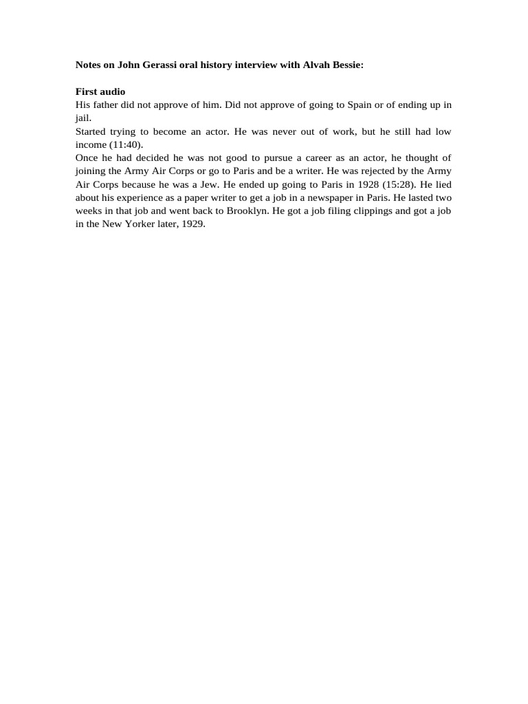 Notes On John Gerassi Oral History Interview With Alvah Bessie | PDF