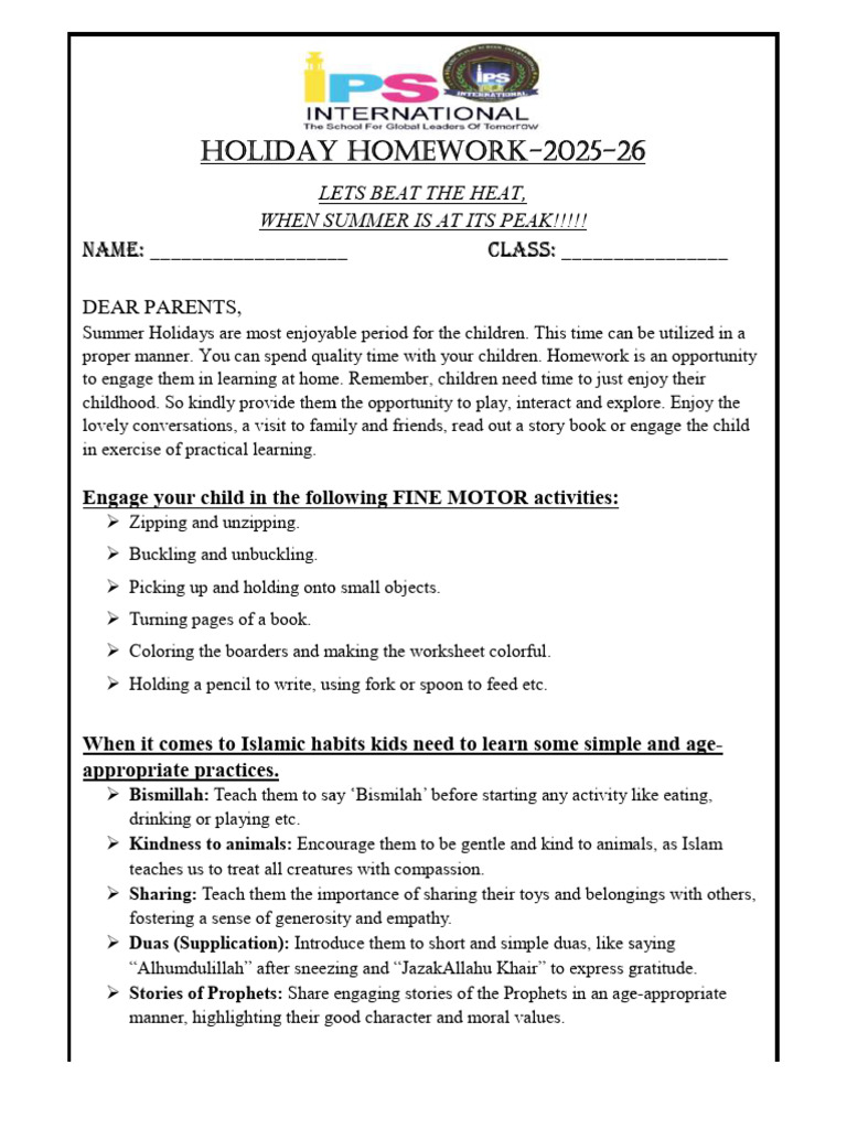 MGPS Holiday Homework 2025-26 | PDF