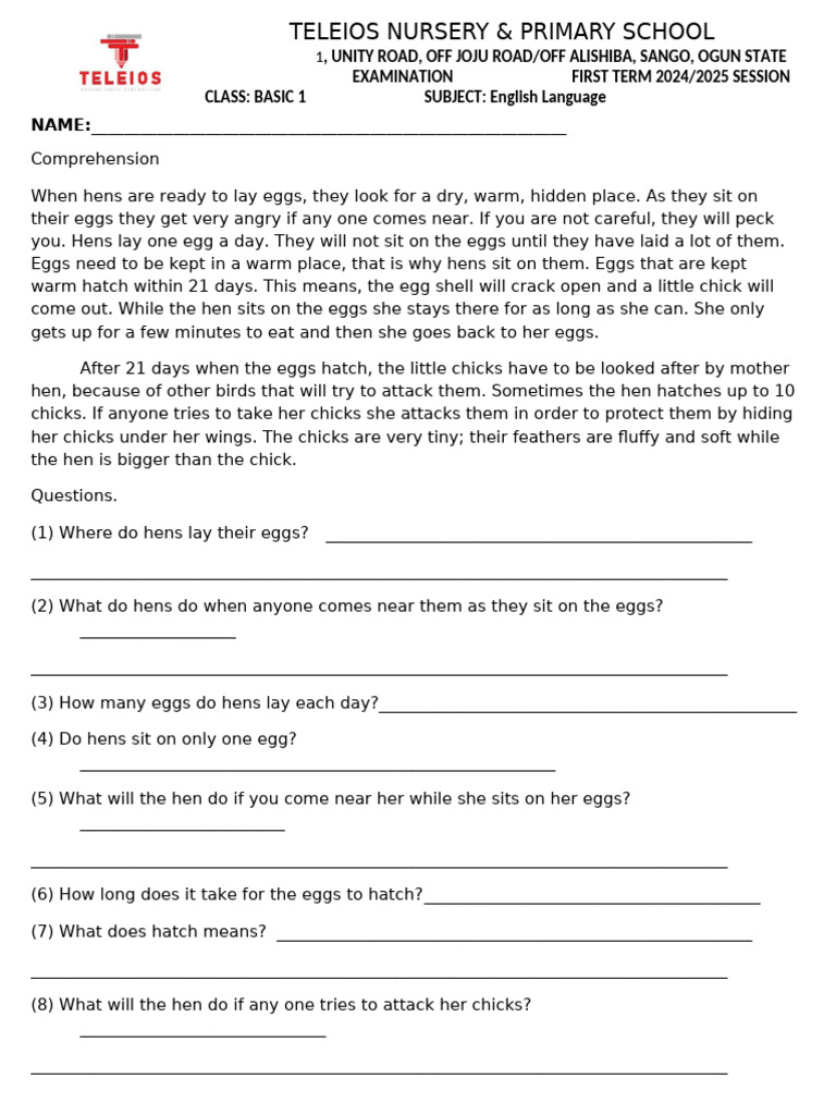 Basic 1 First Term Exam Questions | PDF | Chicken | Cain And Abel