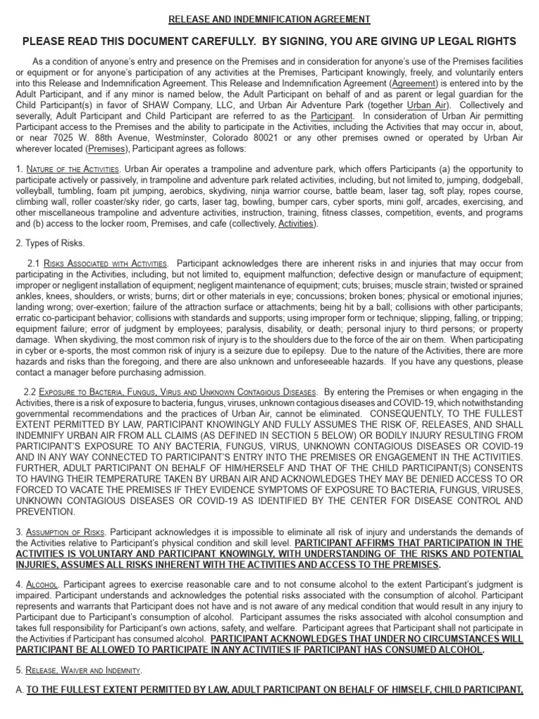 Urban Air Indemnification Agreement PDF Arbitration Indemnity