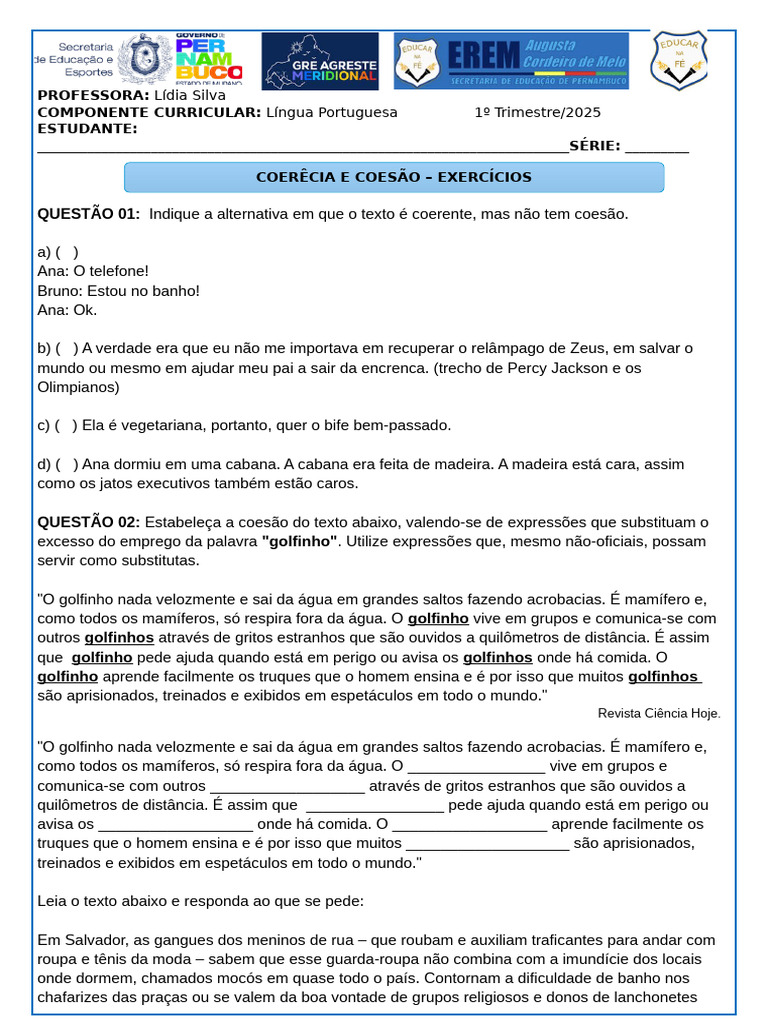 Exercícios de Coerência e Coesão em Português | PDF | Golfinho