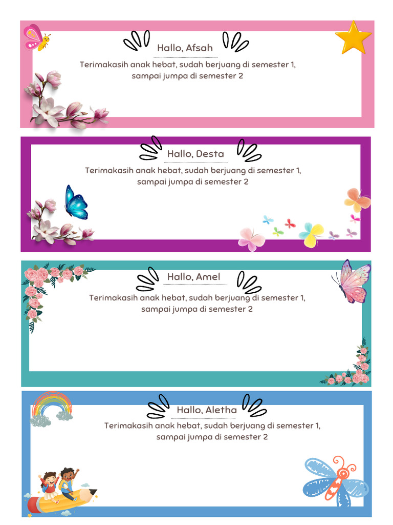 Kartu Ucapan Reward Siswa Semester 1 | PDF
